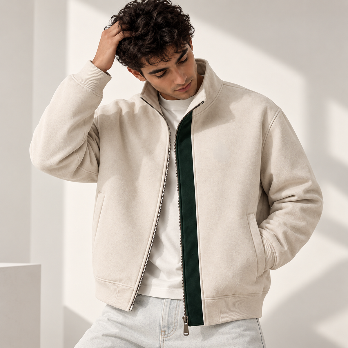 Cream Fleece Bomber Jacket